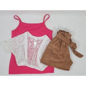 Girl's Spring Summer Outfit Size 5/6 White Knit Top Pink Tank Top and Shorts